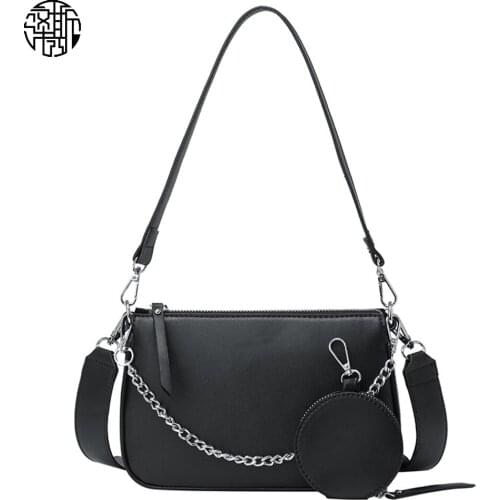 Zenos Korea Style Pure Black Shoulder Bag Fashion Female Crossbody Smototh Pu Leather Handbag With Wallet Purse