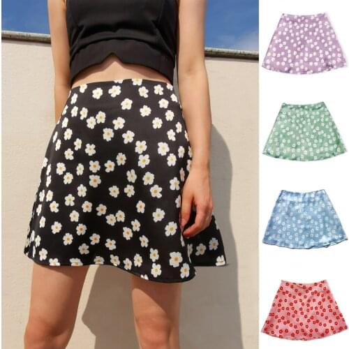 Women 2021 Summer Mini Skirts High Waist Satin Foral Printed Daisy Short Skirt American New Sexy Pink Pencil Skirts Above Knee