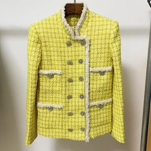 Free Shipping 2021 Autumn Winter Designer Fashion Yellow Tweed Jacket Women Elegant Ladies Stylish Formal Coats