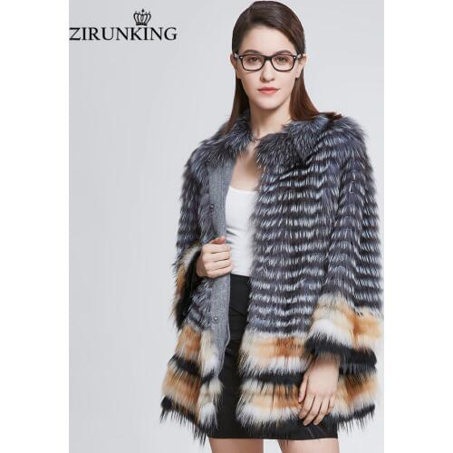 ZIRUNKING Lady Real Fox Fur Coat For Women Natural Fur Jacket Knitted Stripe Clothes Hot Sale Female Fashion Outerwear ZC1830