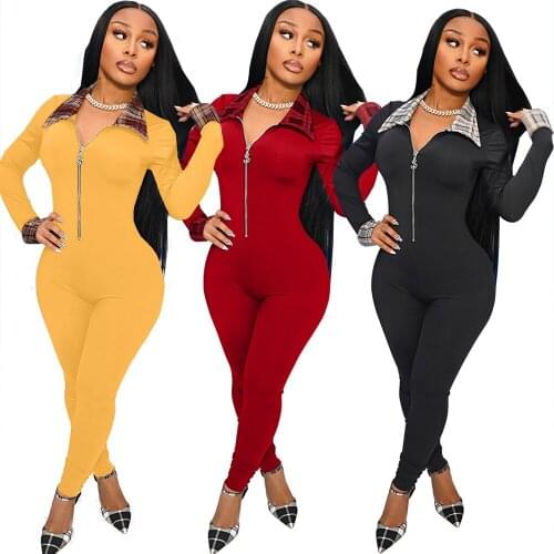 Womens Jumpsuit Plaid print stitched long sleeve Autumn and winter one piece overalls for women outfits
