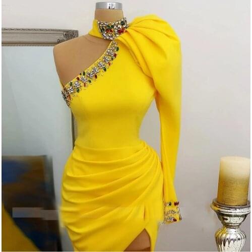 Women Long Satin Prom Party Dress Court Train One Shoulder Homecoming Dresses Mermaid Crystal Full Sleeve Evening Dress