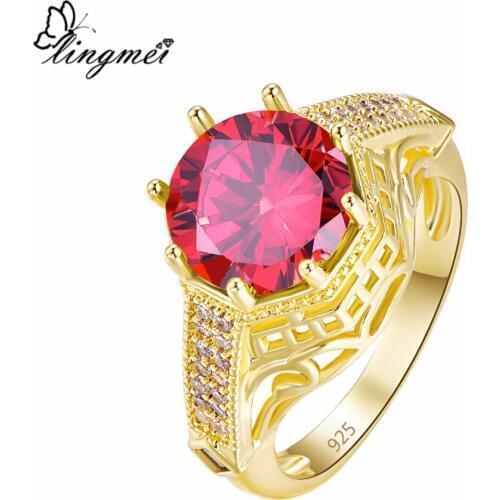 Lingmei Wholesale Wedding Engagement RoundWomen Jewelry RedOlive Green Zircon Silver Color Yellow Goldplated Ring Size 6-9