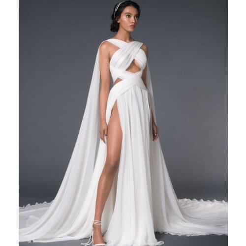 Sexy Evening Dresess V Neck A Line Chiffon Women Prom Gowns with High Split Party Wear Customize Robe De Soirée De Mariage