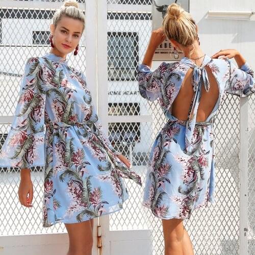 Womens Chiffon High Elastic Waist Party Dress Bow A-line Butterfly Sleeve Flower Print Floral Loose Boho Dress Female Vestido