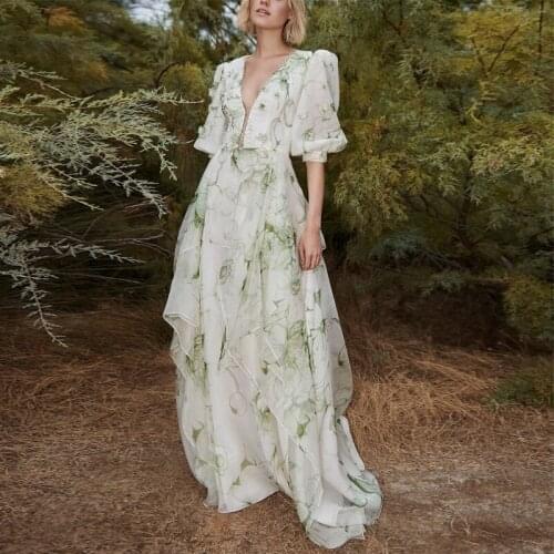 Woman Vintage V-neck Lantern Sleeve Pleated Long Dresses 2020 Summer Runway Designer Elegant Floral Printed Maxi Dress