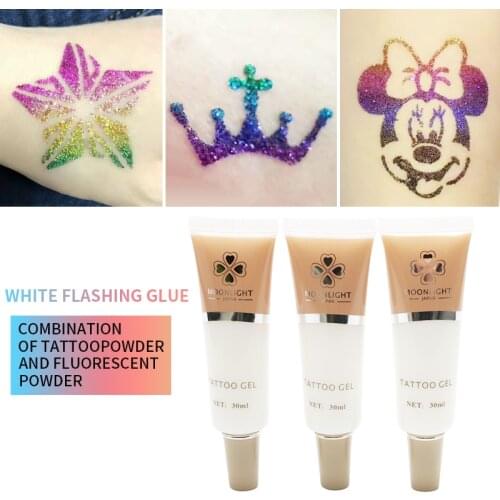 Free Shipping 3 Piece White Color Glitter Glue Tattoo Gel (30 ML/Bottle) For Temporary Tattoo Body Art Stencil Pattern