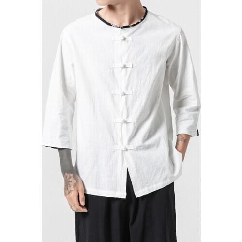 #8117 Summer Three Quarter Sleeve Cotton Linen Shirt Casual Vintage Shirt Man White Blue Loose Thin Mens Shirts Fashions 4XL 5XL