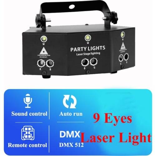 9-eye RGB Laser Light White LED Strobe Patterns Laser Scaning Effects Holiday Party Lighting with Remote Control for Disco Bar