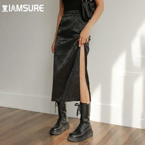 IAMSURE Satin Floral Split Midi Skirt Seexy Slim Solid High Waisted Straigh Skirts Women 2021 Chinesh Style Vintage Clubwear 90S