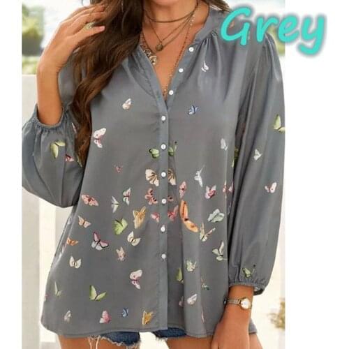Summer Female Streewear Oversized Tops V Neck Long Lantern Sleeve Blouse Casual Women Butterfly Printing Loose Elegant Shirts
