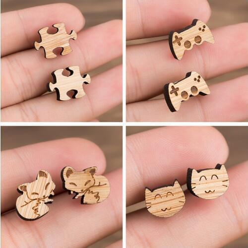 Hfarich Cute Fox Cat Wood Earrings Stud For Women Personalize Puzzle Gamepad Earring For Men