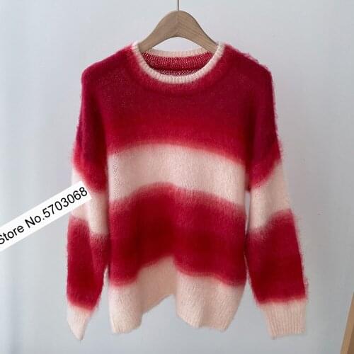 Elfstyle Stylish Mohair Wool Blendd Contrast Candy Color Rainbow Color Knitted Patchwork Round Neck Long Sleeve Sweater