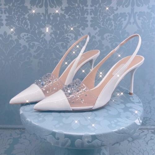 Fariy Style White Patent Leather Rhinestone PVC Transparent Pumps Back Strap Stiletto Heel Wedding Shoes Crystal High Heels
