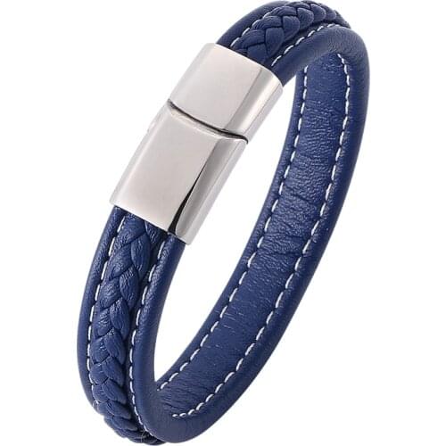Classic Men Bracelets Jewelry Fashion Leather Bracelet Stainless Steel Magnetic Clasps Leather Wristband Charm Hand Chain PD728