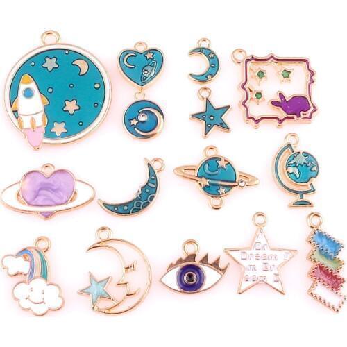 Mixed Lot Metal Enamel Universe Moon Shell Charms for Earring Fashion Jewelry Making Charm Pendants for Bracelet Dangle Assorted