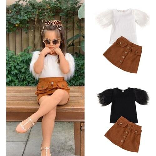 2Pcs Fashion Toddler Kids Girls Outfits Suit Cotton Feather Sleeve Round Neck Top+Brown Buttons Skirts Children Clothes Sets