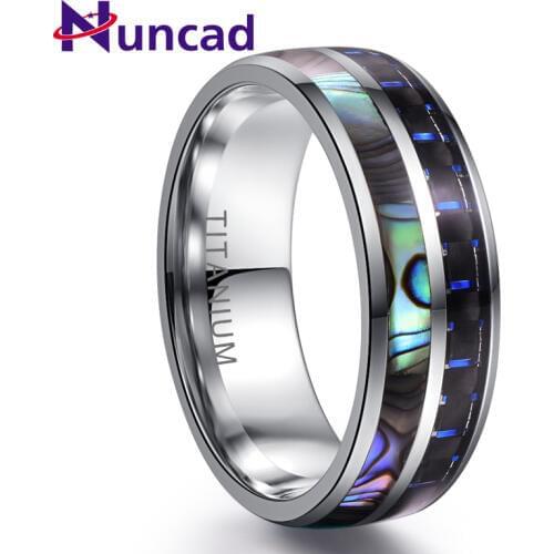 Nuncad 2019 New Trendy Natual Abalone Shell Mens Stainless Steel Ring 8MM Silver Color Dome Black Blue Carbon Fiber Ring