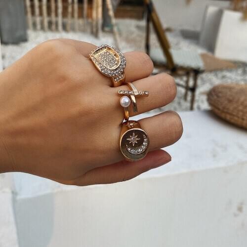 New Geometric Pearl Rings Set Simple Awning Star Moon Ring Peral Love Ring Cross Rhinestones Gold Micro Pave Jewelry