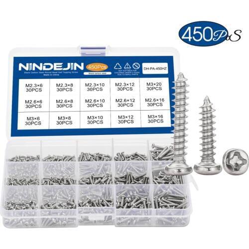 450pcs Ni-plated Cross Recessed Round Pan Head Tapping Screw set M2.3 M2.6 M3 Carbon Steel micro Screws assortment kit