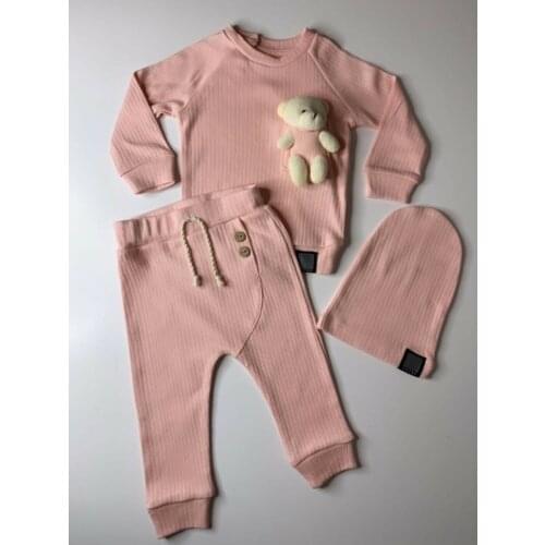 New American Style Four Seasons Clothing Baby Girl Clothes Sets For Kids Cotton 3pcs Salmon Pink Teddy Bear Pajama Set