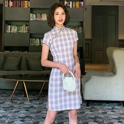 2020 New Cheongsam Dress Slim Purple Women Cotton Qipao Fashion Checkered Dress Party Dresses 2XL 3XL