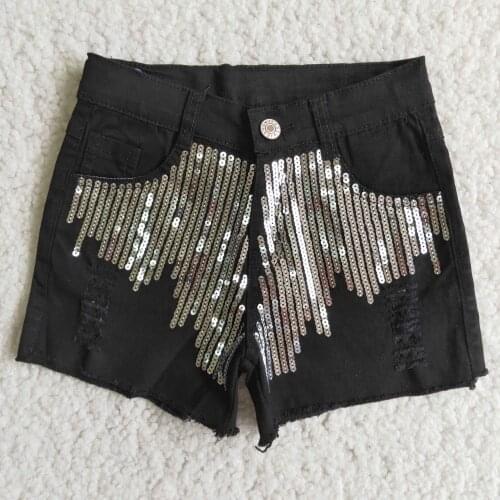 2021 new arrive summer baby girl sequins ripped black denim shorts zipper button design boutique jeans RTS