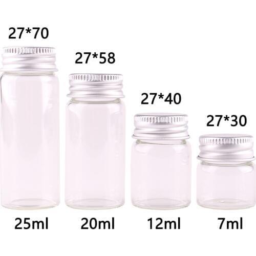 Wholesale 7ml 12ml 20ml 25ml Transparent Glass Spice Bottles Jars Vials Terrarium with Silver Screw Cap Lid Wedding Crafts 50pcs