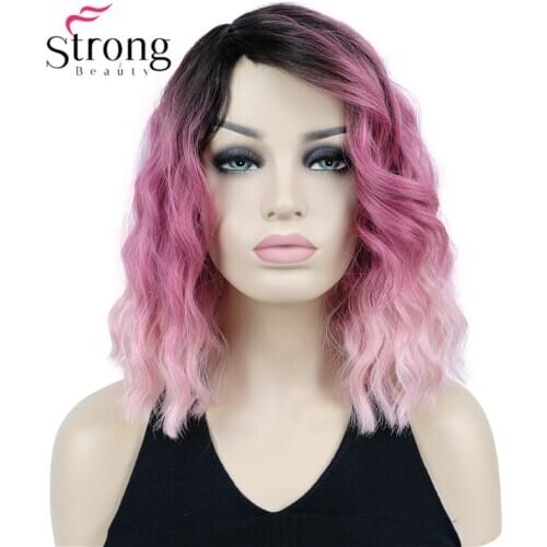 StrongBeauty Ombre Wig Pink With Dark Root Medium Length Wavy Synthetic Hair Wigs for Lady Women