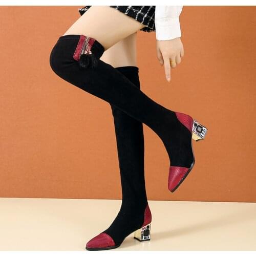 Thigh High Boots Were Thin Over-the-Knee Stretch Fabric Rhinestone High-heeled Boots Winter Sexy Suede Warm Womens Boots 2021