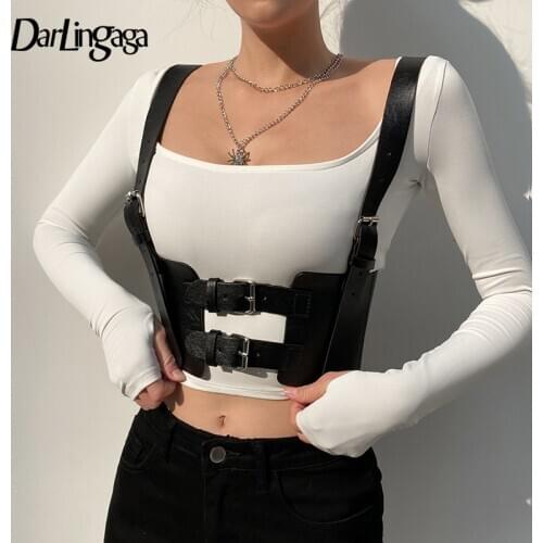 Darlingaga Streetwear Gothic Dark Corset Top Women Buckless Summer PU Leather Top Camis Punk Style Cummerbunds Crop Bustier Tops