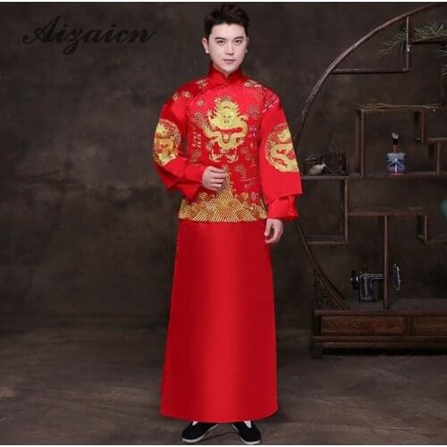 Traditional Chinese Dragon Costume Oriental Wedding Gowns Vintage Cheongsam Long Men Red Satin Qipao Groom Gold Brocade Gown