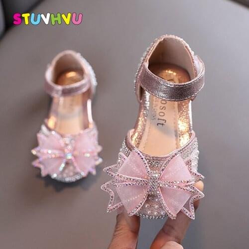 2021 New Childrens Shoes Pearl Rhinestones Shining Kids Princess Shoes Baby Girls Shoes for Party and Wedding Black Silver Pink