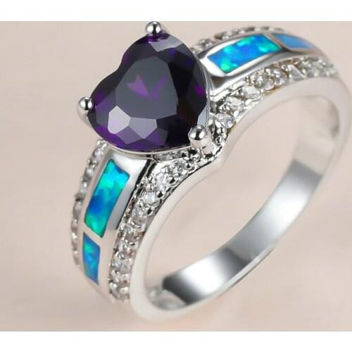 Vintage Female Purple Heart Crystal Ring Charm Silver Color Wedding Ring Luxury Blue Opal Stone Engagement Rings For Women