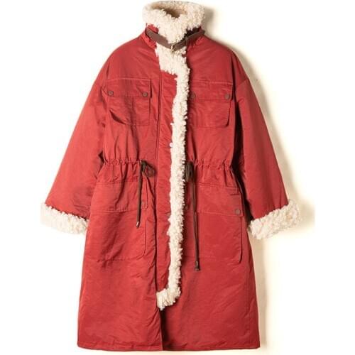 S-2XL size cotton-padded jacket womens winter 2020 new style solid color over-the-knee cotton-padded lamb fur lapel coat MF060