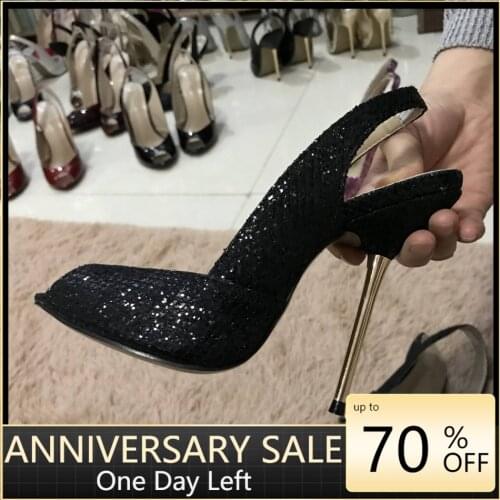 Women Stiletto Thin Iron High Heel Sandals Sexy Sling Back Peep Toe Black Glitter Party Bridal Ball Lady Shoe 3845-g1
