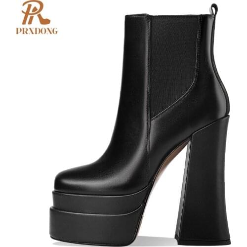 Women Chelsea Short Ankle Boots Genuine Leather Side Zipper Ladies Super High Heel Sexy Mortorcycle Platform Shoes Autumn Winter