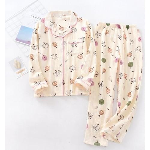 Washed Crepe Pajamas For Women Cotton Summer Pajamas Set Turn-down Collar Soft Casual Homewear Femme Loose Sleepwear Pjs Pijama