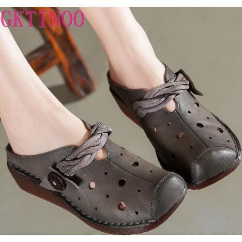 GKTINOO Retro Ethnic Style Genuine Leather Women Shoes Sandals wedges Slides Handmade Hollow Women Summer Slipper