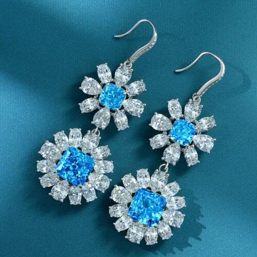 Luxury 100% 925 Sterling Silver 10*10mm Sea Blue High Carbon Diamond Flower Drop Earrings For Women Wedding Party Fine Jewelry