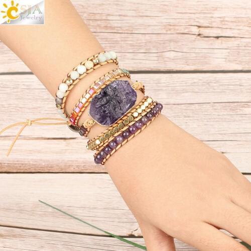 CSJA Amethysts Crystal Genuine Leather Wrap Bracelets Women Natural Stone Beads Boho Multilayer Friendship Braided Bracelet S461