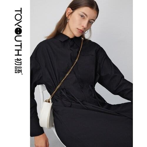 Toyouth New Arrival Spring Cotton POLO Neck Dresses Women Solid Black Long Sleeve Dress Female Dresses