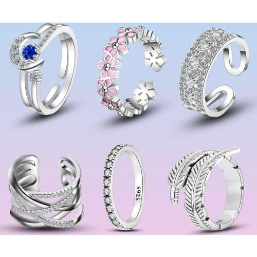 New 925 Sterling Silver Ring CZ Cross Rings Star & Moon Double Ring Design Feather Ring Female For Women Jewelry Engagement Gift