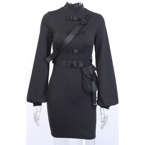 2021 Short Bandage Goth Dress Women Casual Dresses Gothic Punk Belt Long Sleeve Streetwear Black Mini Vestidos