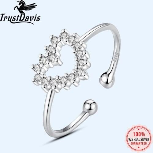 Trustdavis Genuine 925 Sterling Silver Fashion Romantic Heart CZ Opening Ring For Women Wedding Party Fine S925 Jewelry DA1522