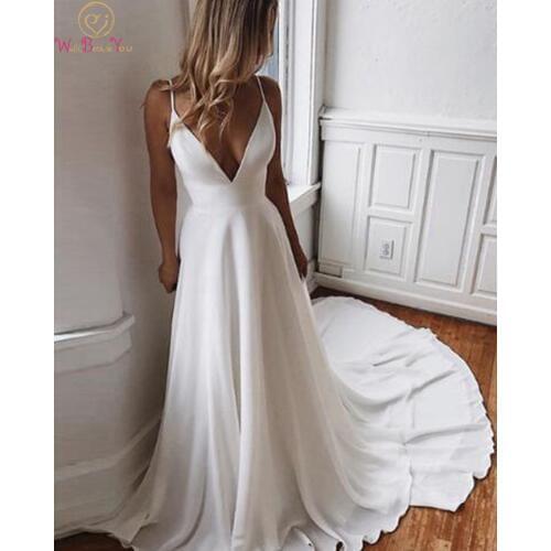 V Neck Elegant Long Beach Bridal Gowns White Ivory Princess Spaghetti Straps Lace Up Chiffon Church Formal Wedding Dresses 2020