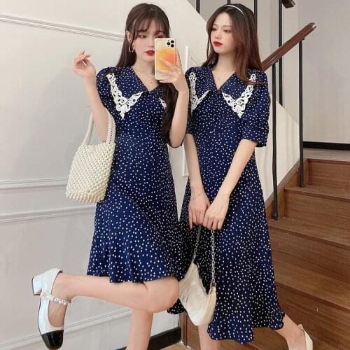 Polka dot dress summer lace stitching lapel temperament chiffon French retro dress plus size womens dress