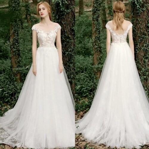 Off-Shoulder Simple Cap Sleeve Applique Lace Sweep Train A-Line Backless Wedding Gown Wedding Dress Bride robe de mariée