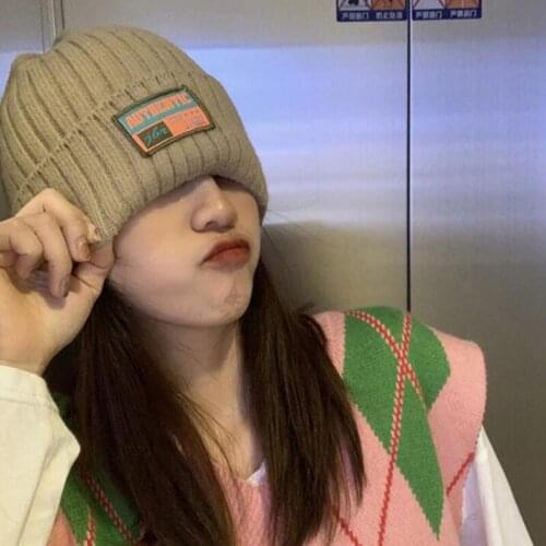 Winter Labeling Hat Women Patch Thick Warm Skullies Beanies Hats Multi-Color Knitted Hat Cute Female Bonnet Beanie Caps