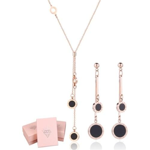 316L Stainless Steel Double-sided Roman Numerals Black Enamel Tassel Double Pendant Necklace Earring Set Wedding Jewelry Set